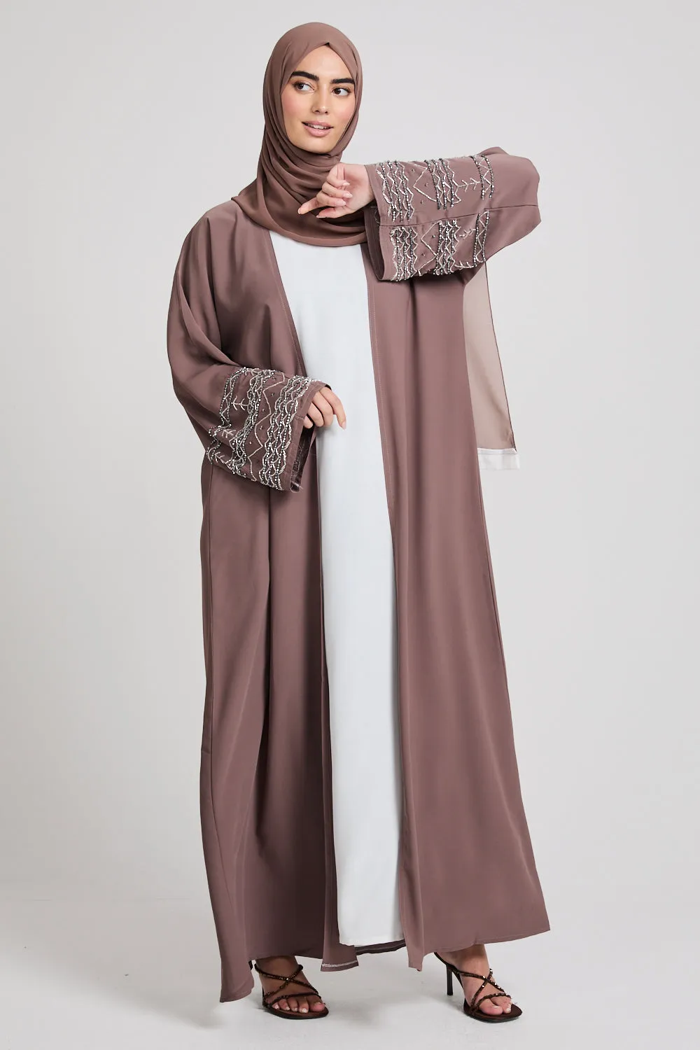 Four Piece Embellished Cuff Open Abaya Set - Almond Brown