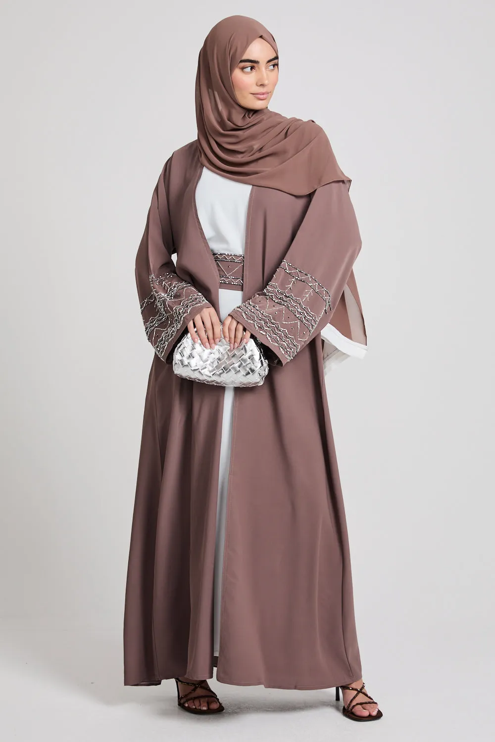 Four Piece Embellished Cuff Open Abaya Set - Almond Brown