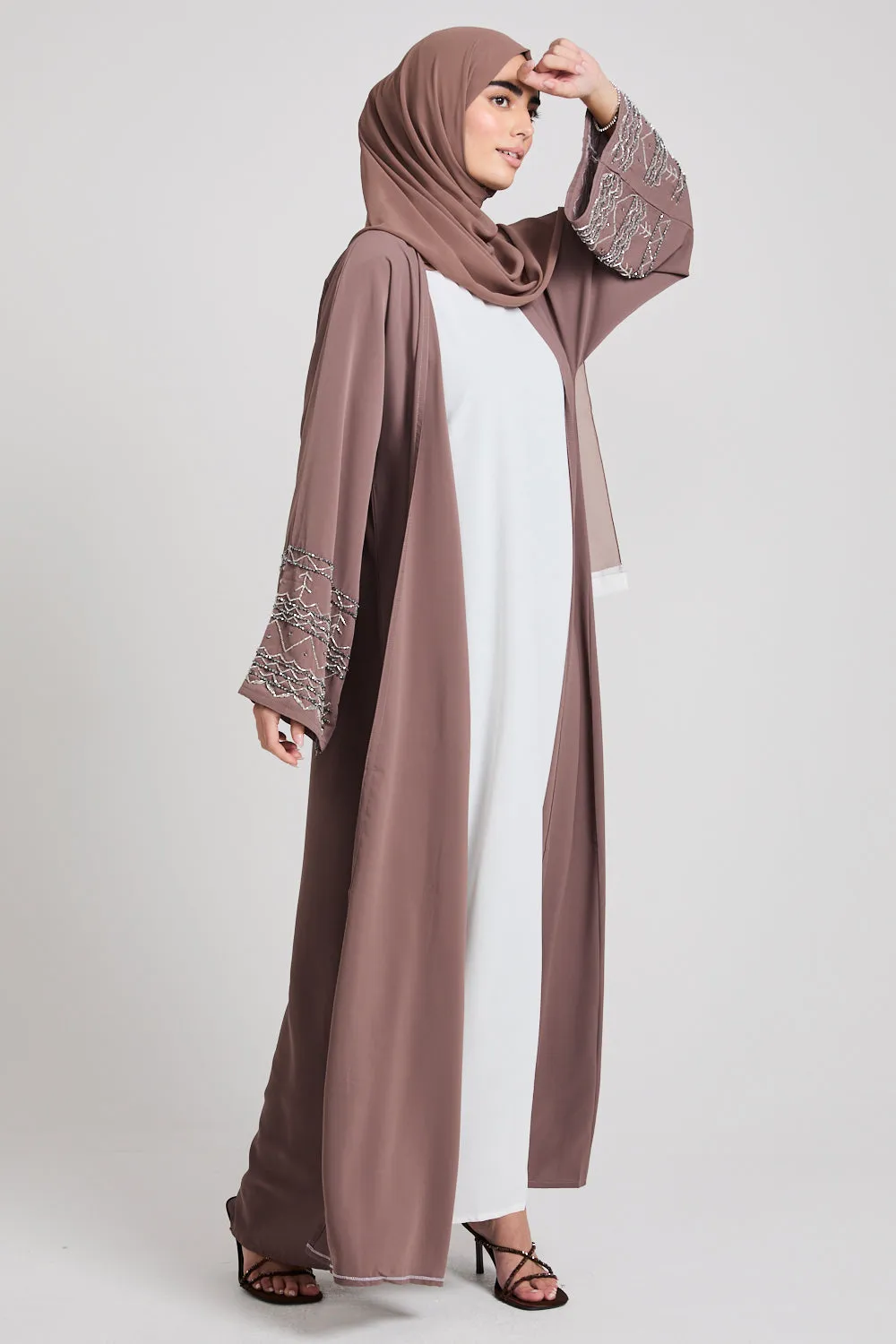 Four Piece Embellished Cuff Open Abaya Set - Almond Brown