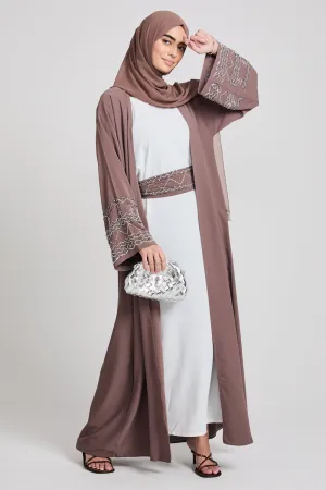 Four Piece Embellished Cuff Open Abaya Set - Almond Brown