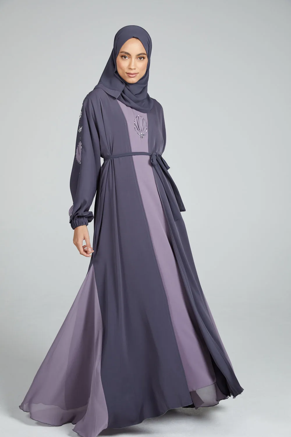 Four Piece Nirvana Floral Motif Embellished Open Abaya Set - Lavender Grey