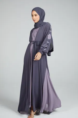 Four Piece Nirvana Floral Motif Embellished Open Abaya Set - Lavender Grey