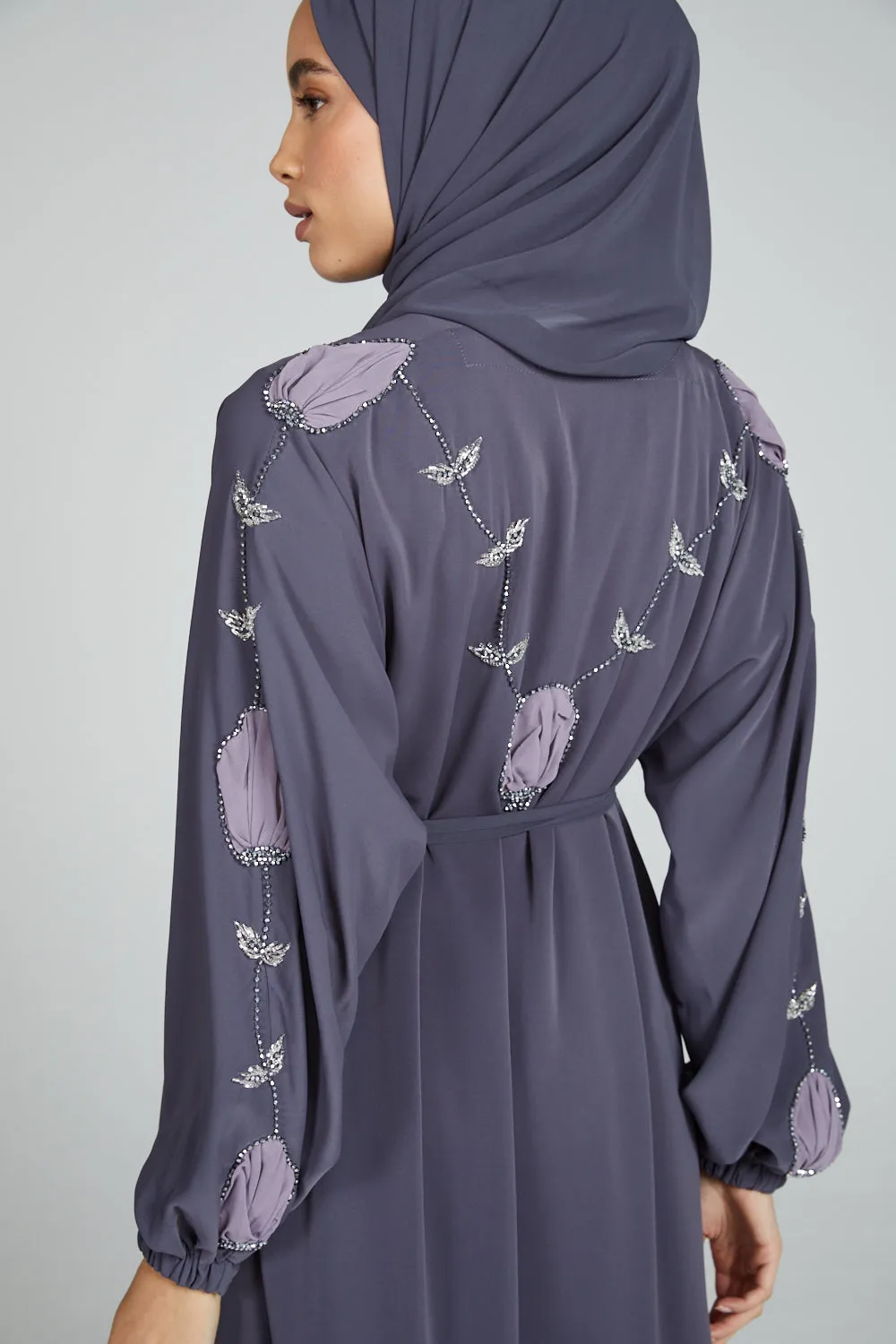 Four Piece Nirvana Floral Motif Embellished Open Abaya Set - Lavender Grey