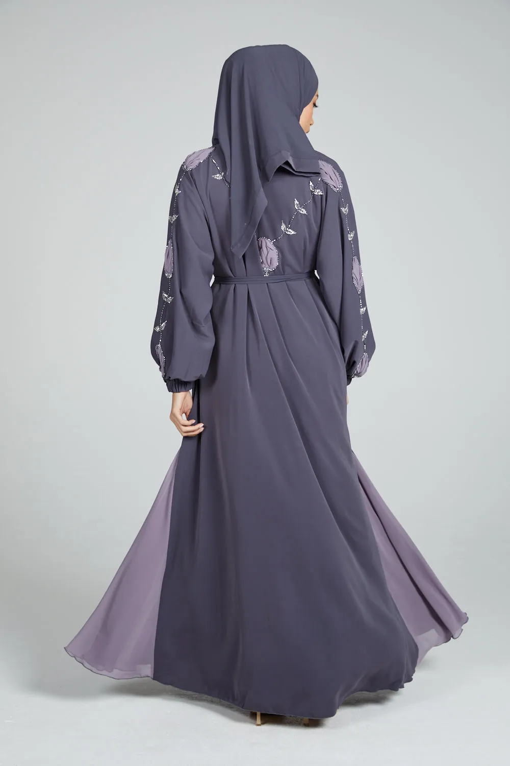 Four Piece Nirvana Floral Motif Embellished Open Abaya Set - Lavender Grey