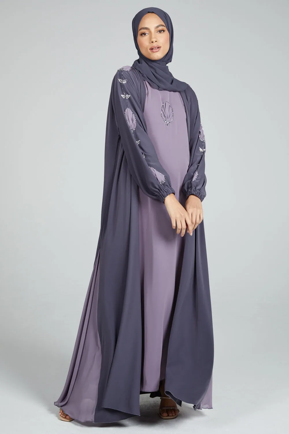 Four Piece Nirvana Floral Motif Embellished Open Abaya Set - Lavender Grey
