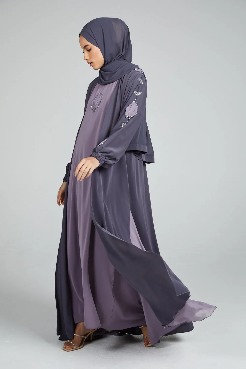 Four Piece Nirvana Floral Motif Embellished Open Abaya Set - Lavender Grey