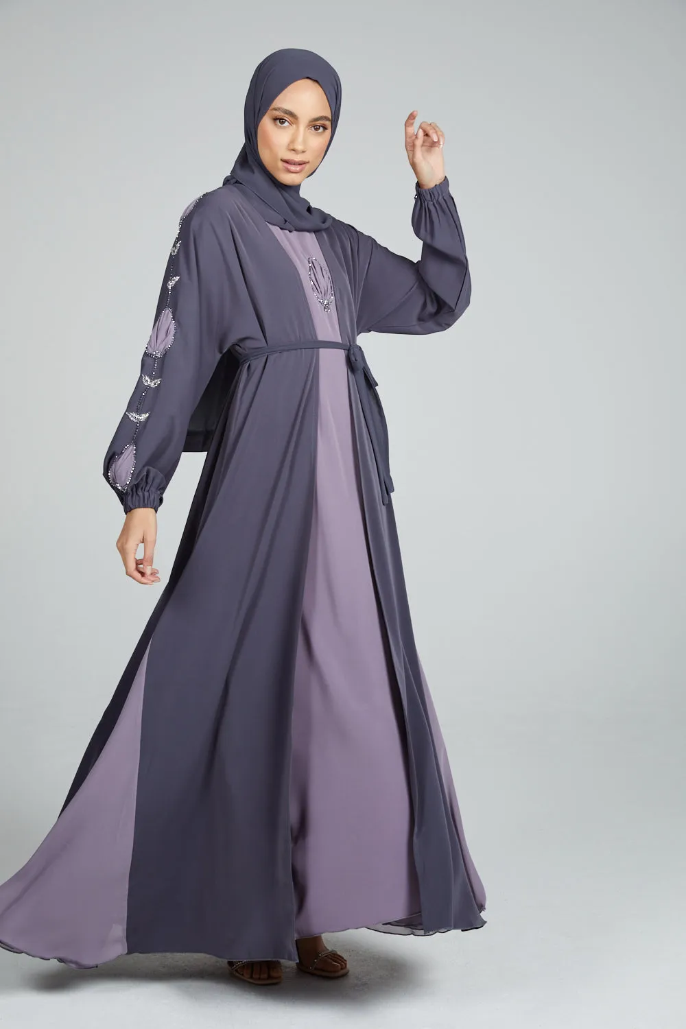 Four Piece Nirvana Floral Motif Embellished Open Abaya Set - Lavender Grey