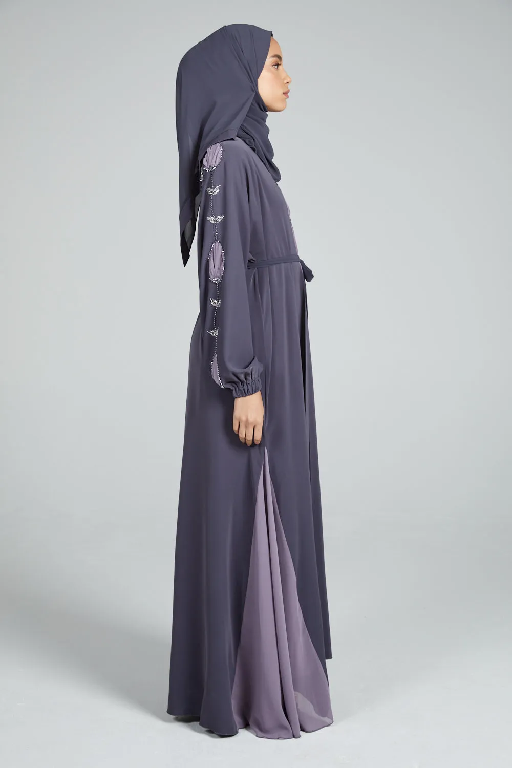Four Piece Nirvana Floral Motif Embellished Open Abaya Set - Lavender Grey