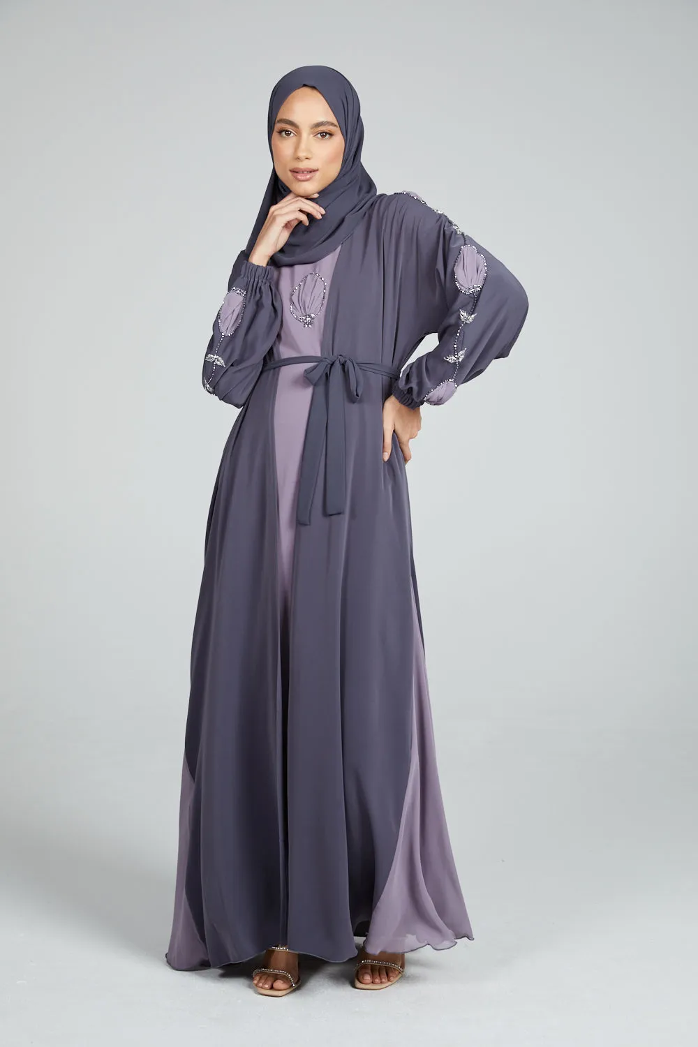 Four Piece Nirvana Floral Motif Embellished Open Abaya Set - Lavender Grey