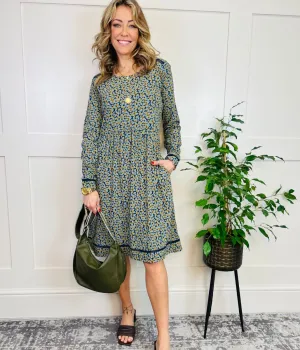 Gold & Blue Dotty Leaves Jersey Dress