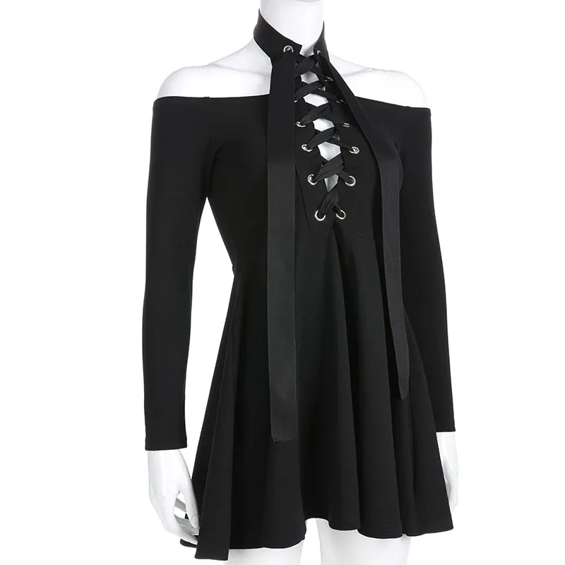 Gothic Bandage Long Sleeve Choker Pleated Dress