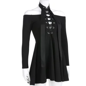 Gothic Bandage Long Sleeve Choker Pleated Dress