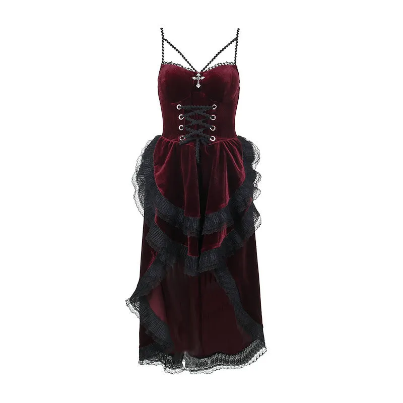Gothic Dark Sexy Spicy Girl Slim Fit Halter Neck Tie Waist Cinched Flare Midi Dress
