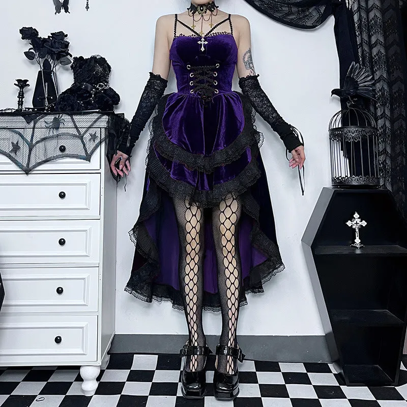 Gothic Dark Sexy Spicy Girl Slim Fit Halter Neck Tie Waist Cinched Flare Midi Dress