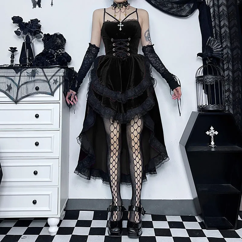 Gothic Dark Sexy Spicy Girl Slim Fit Halter Neck Tie Waist Cinched Flare Midi Dress