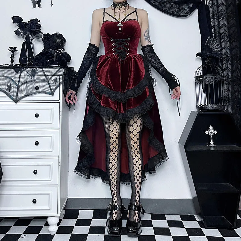 Gothic Dark Sexy Spicy Girl Slim Fit Halter Neck Tie Waist Cinched Flare Midi Dress