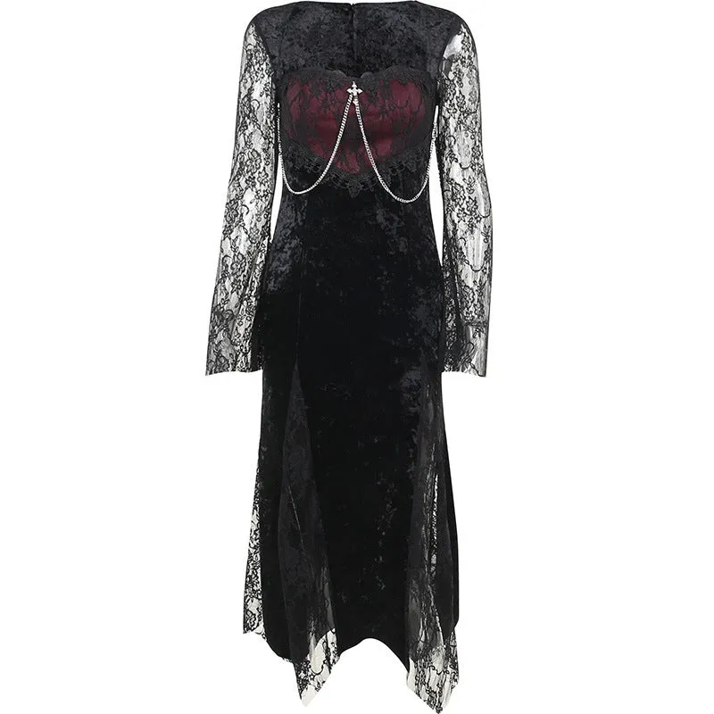 Gothic Dark Style New Sexy Slim Fit Hips-Wrapped High-Slit Lace Sleeve Feature Long Dress