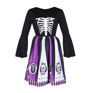Gothic Halloween Chic Purple Flare Sleeve Skull Print Dress