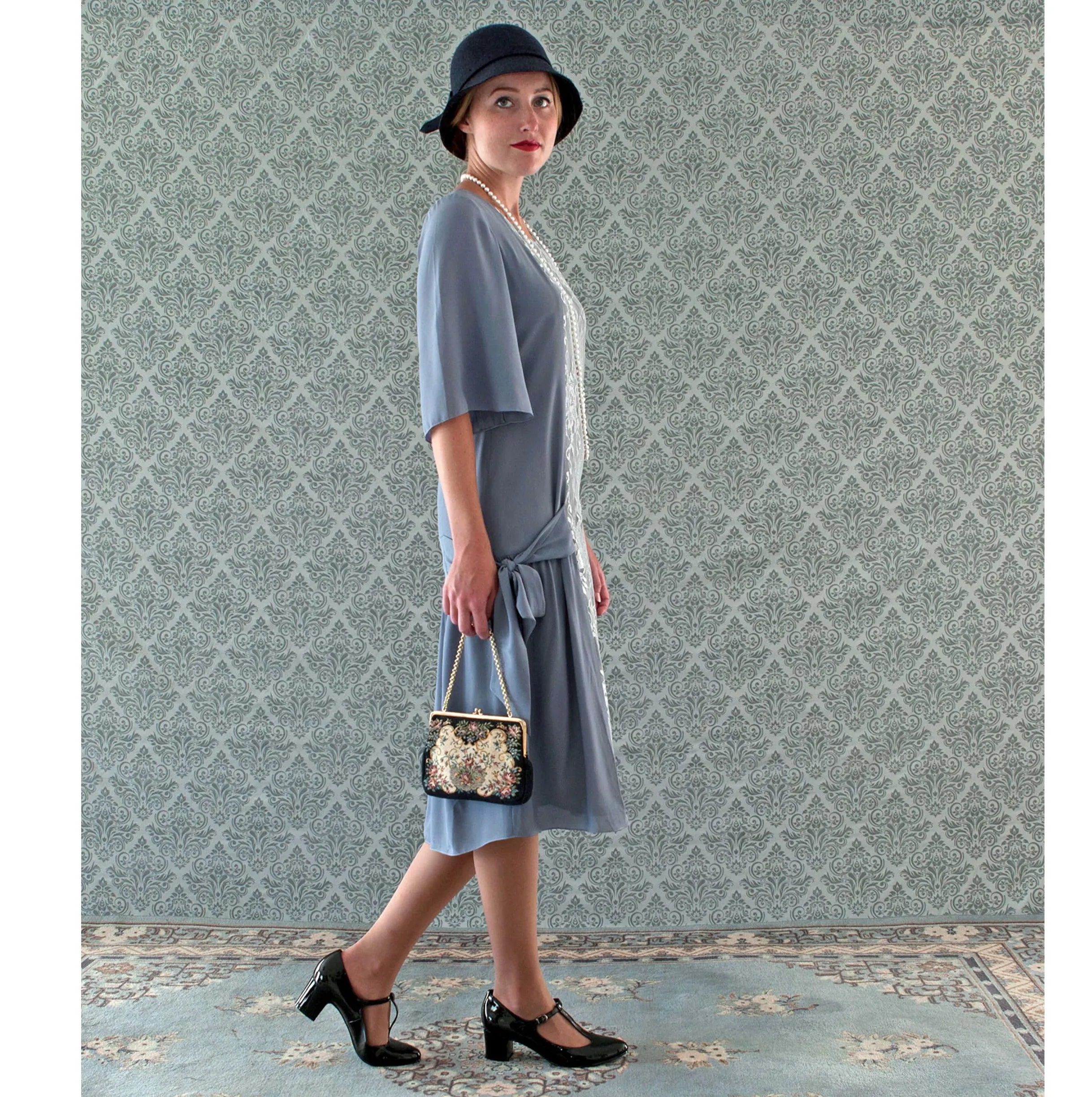 Grey and silver lace Great Gatsby dress with elbow sleeves
