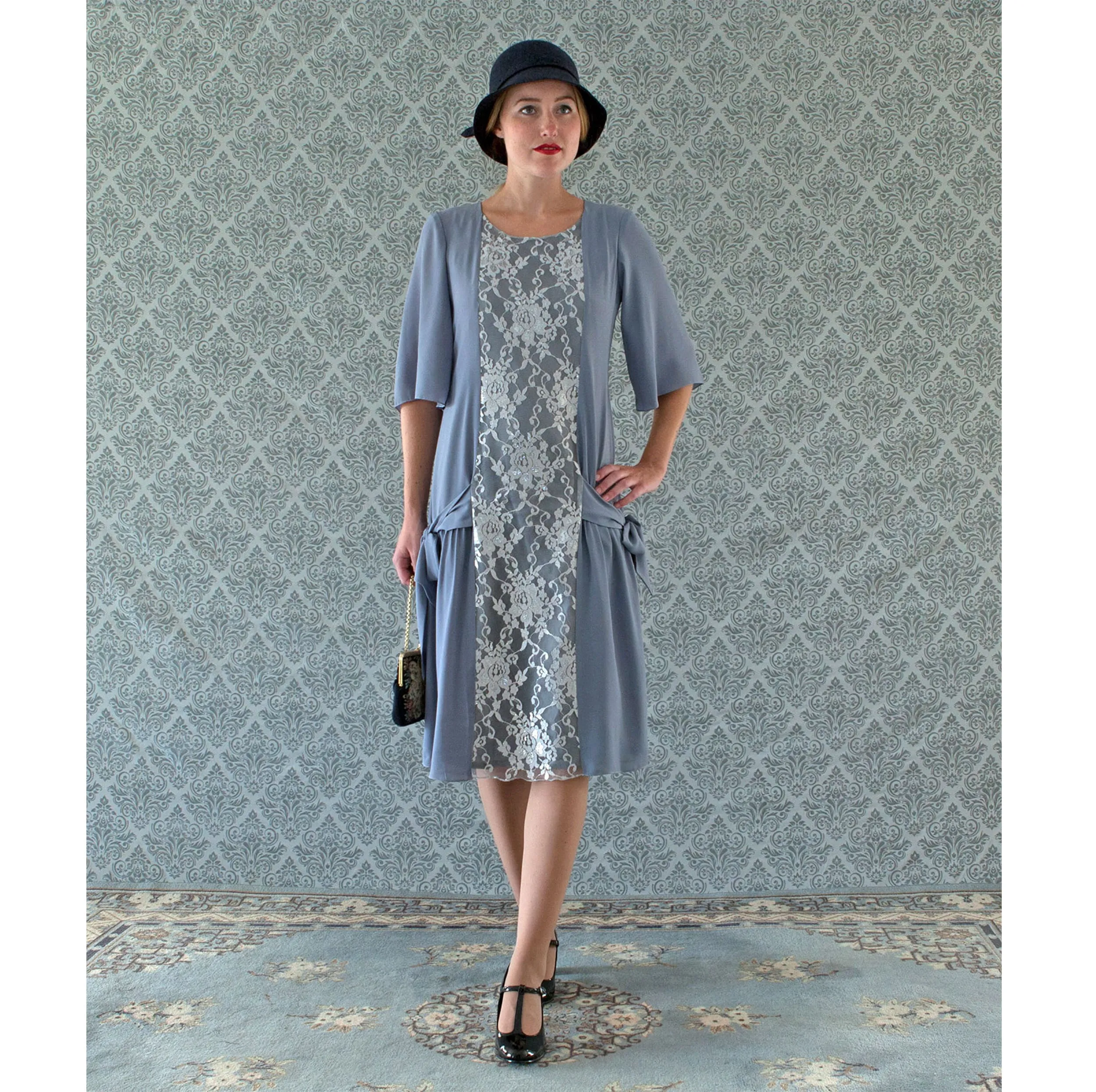 Grey and silver lace Great Gatsby dress with elbow sleeves