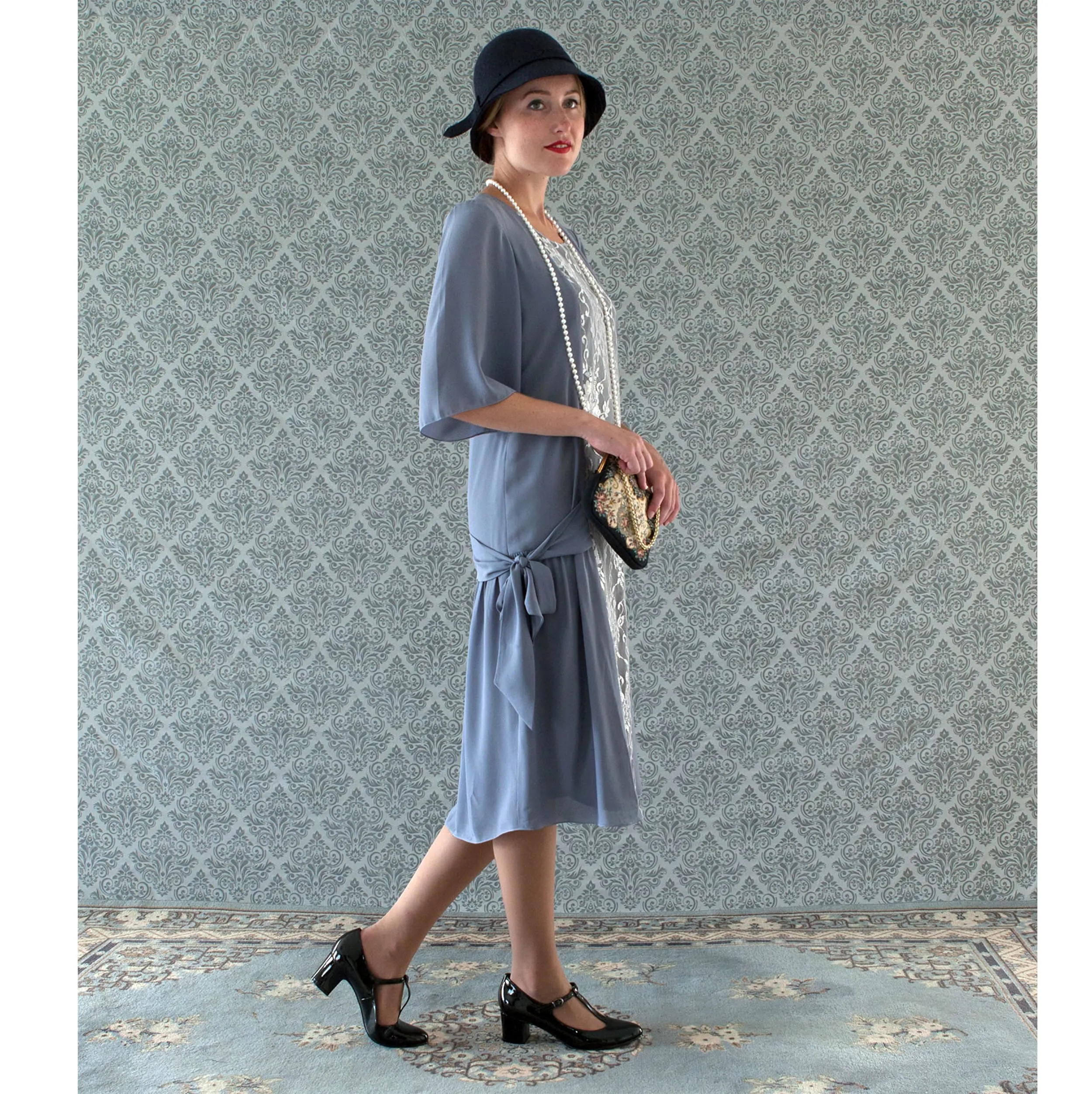 Grey and silver lace Great Gatsby dress with elbow sleeves