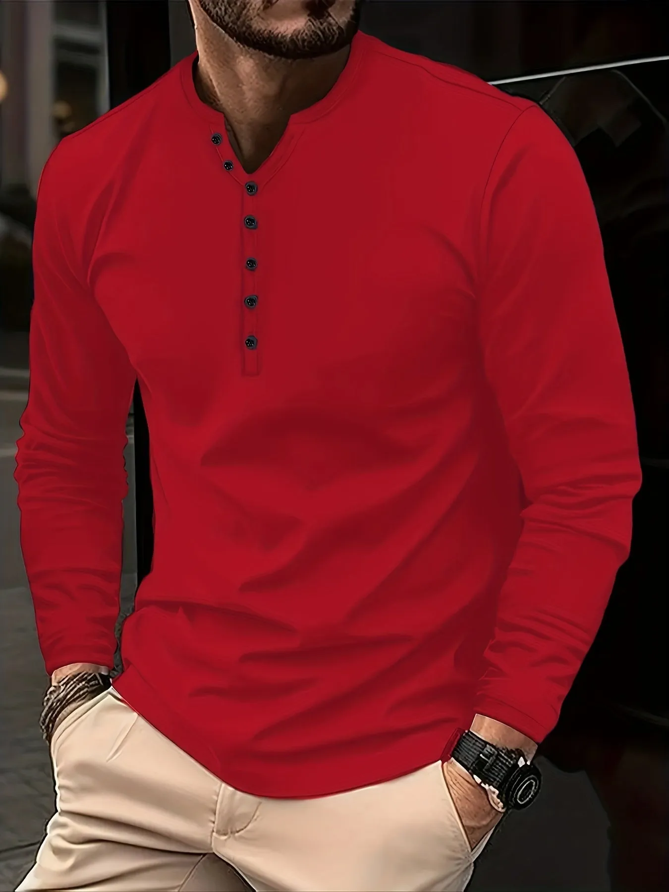 Heeren - Heren Lange Mouw Slim Fit Henley Shirt met Knoopsluiting