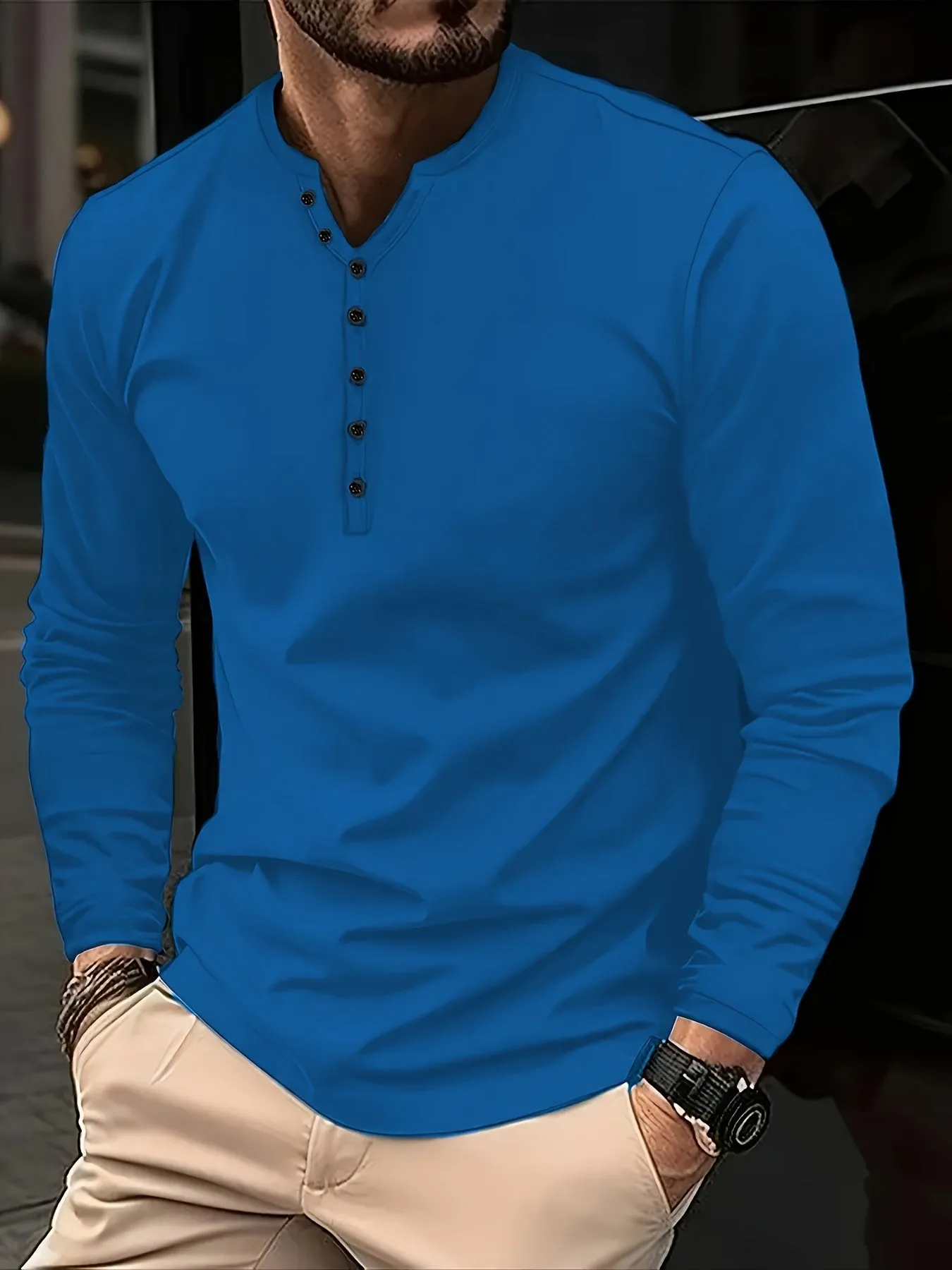 Heeren - Heren Lange Mouw Slim Fit Henley Shirt met Knoopsluiting