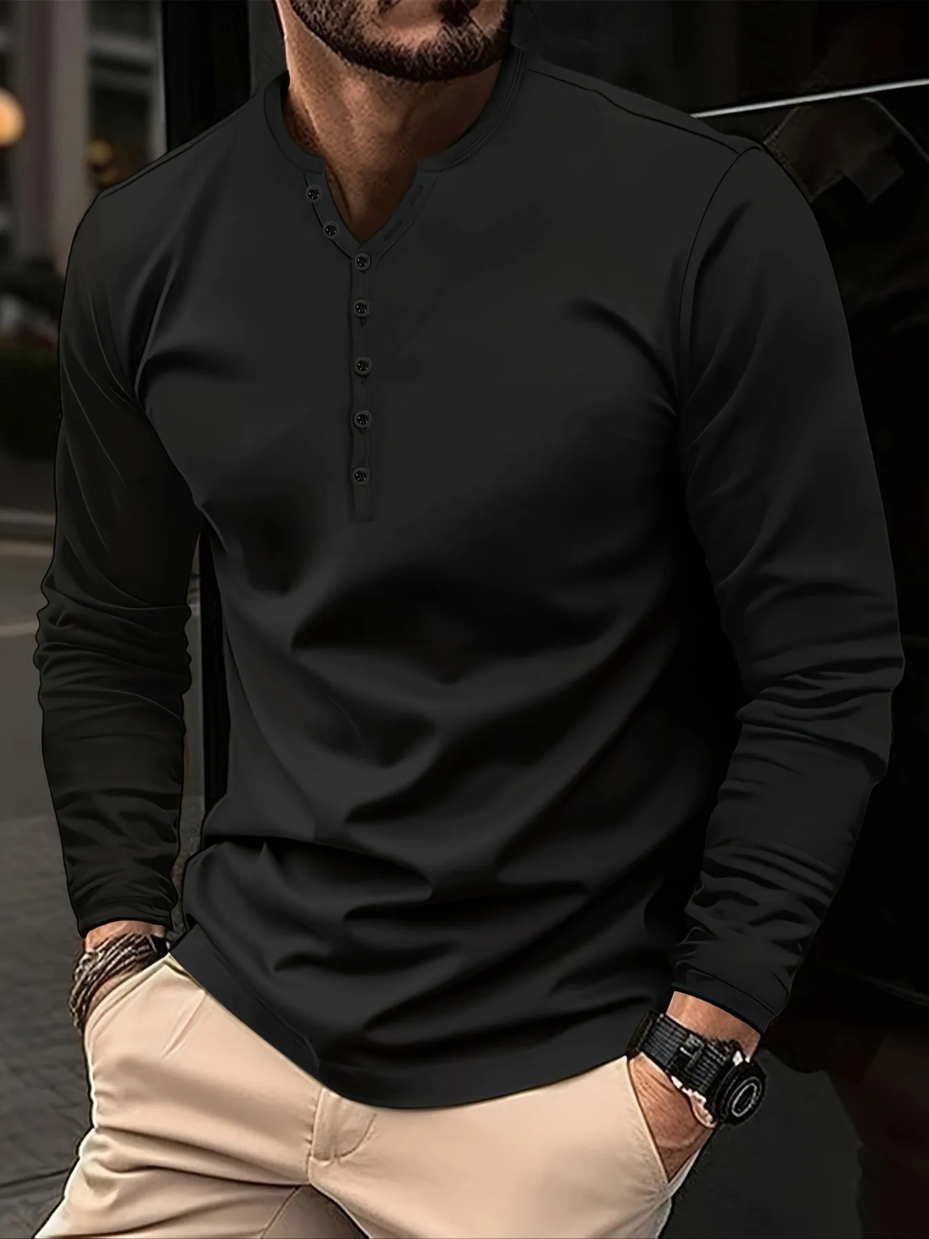 Heeren - Heren Lange Mouw Slim Fit Henley Shirt met Knoopsluiting
