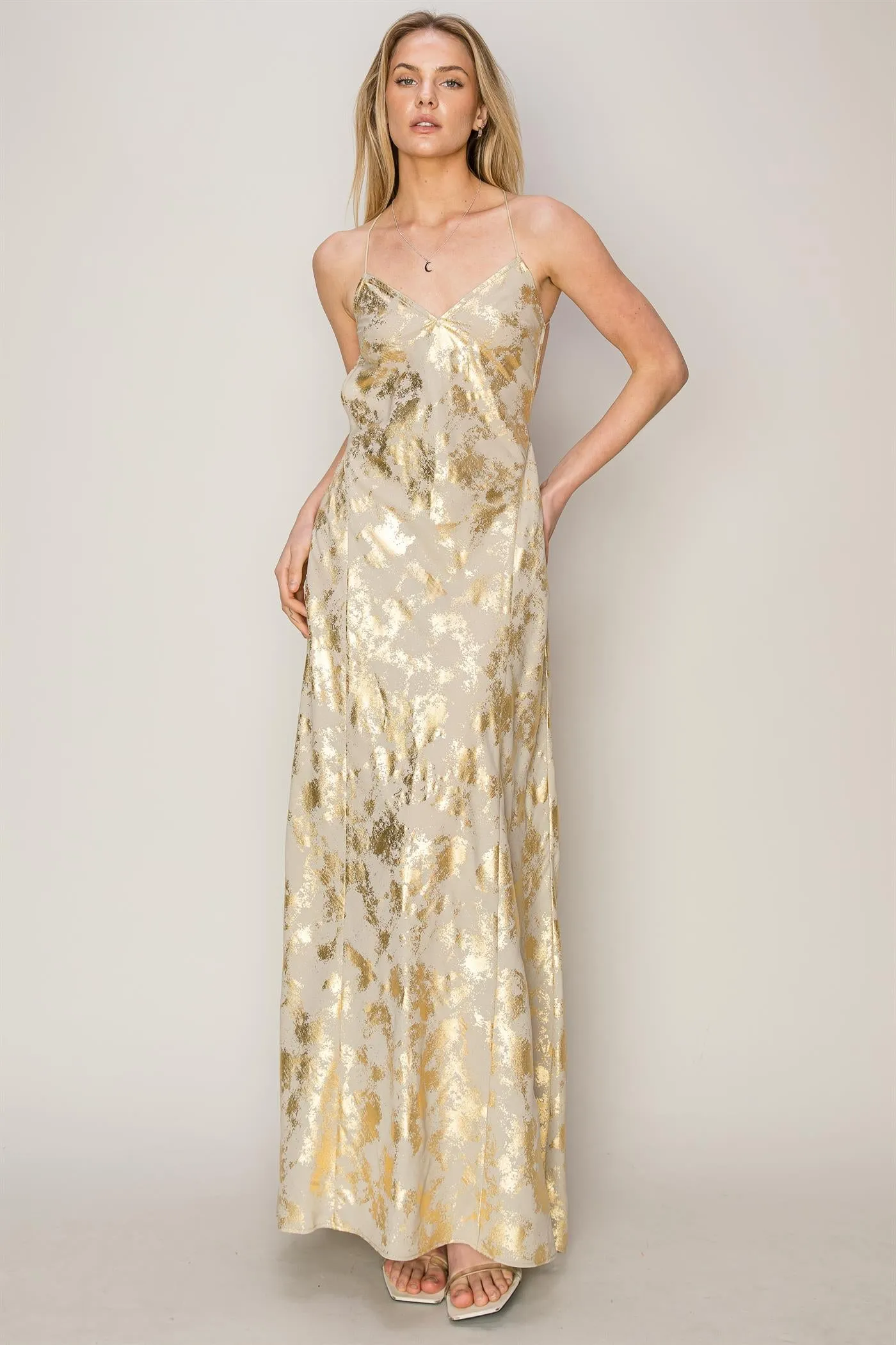HF24E217-Foil Print Maxi Slip Dress
