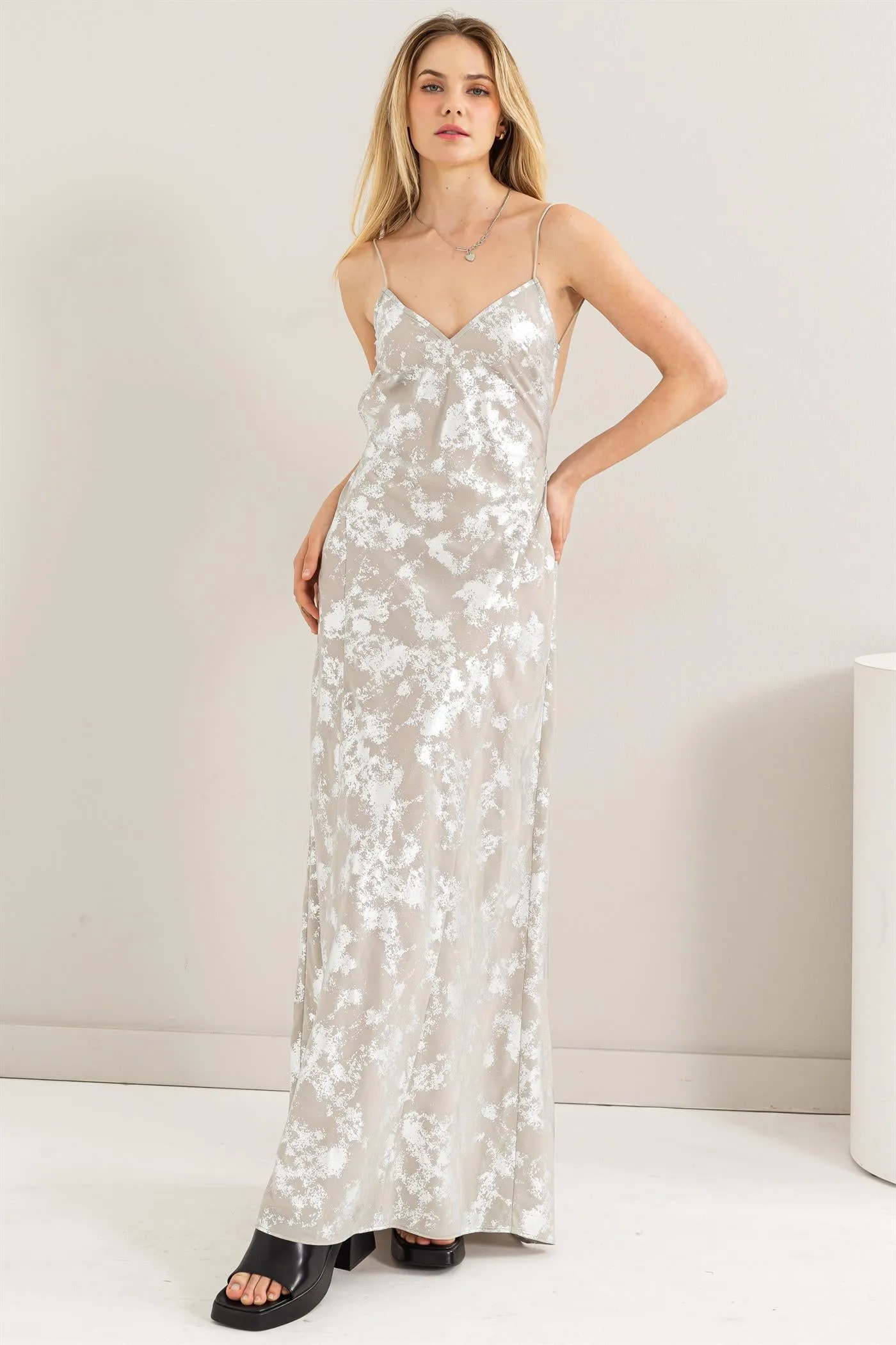 HF24E217-Foil Print Maxi Slip Dress