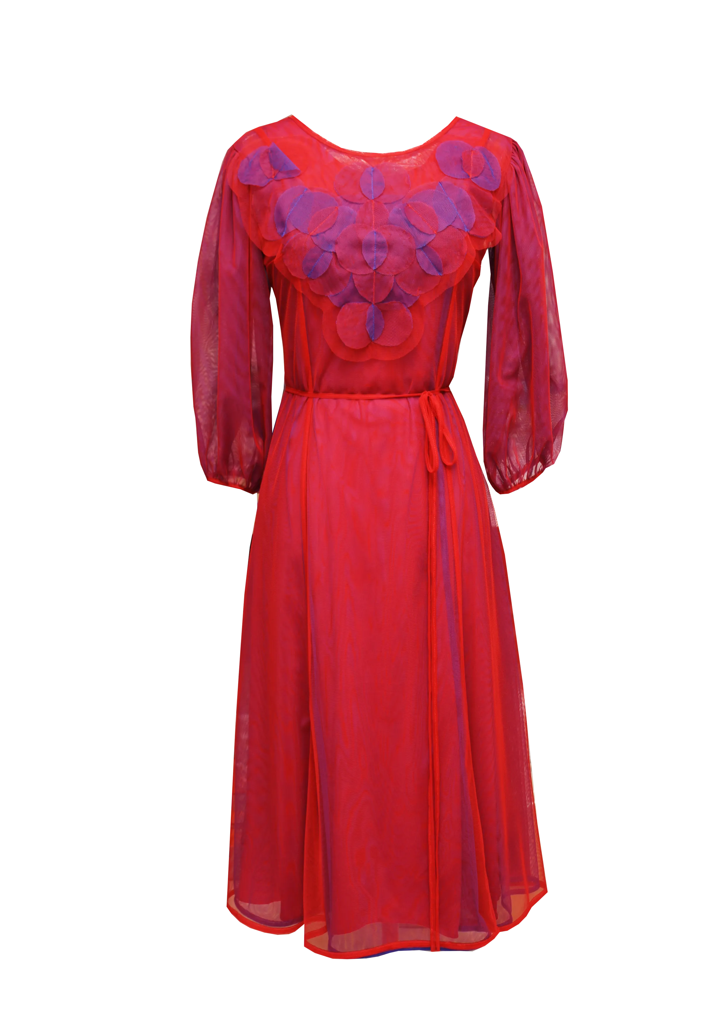 JUDITH ATELIER ATONIA SHEER COLOR HUE DOUBLE LAYER 3D FLORAL DRESS RED