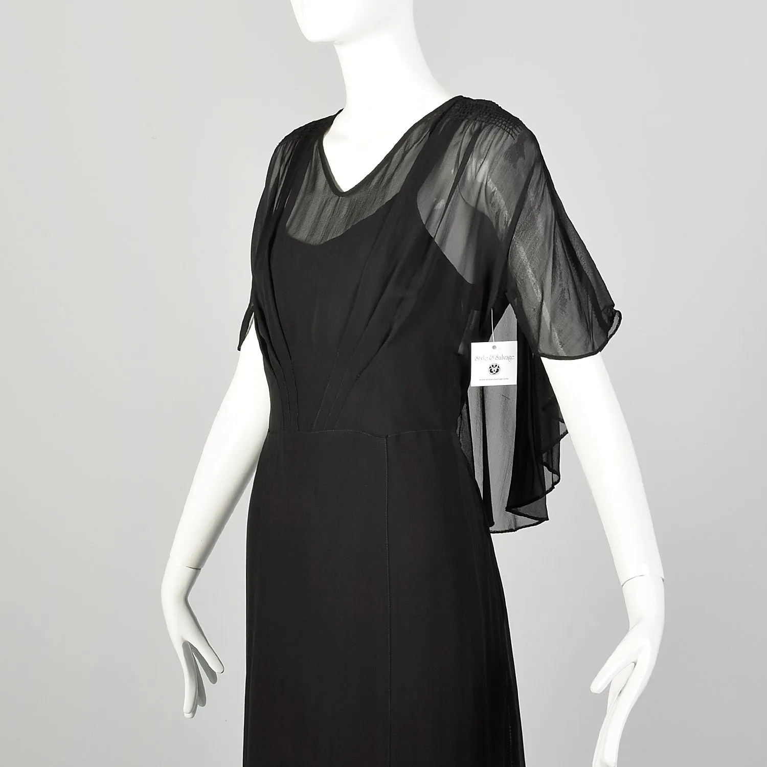 Large 1930s Little Black Dress 2pc Bias Cut Formal Evening Sheer Art Deco Ensemble
