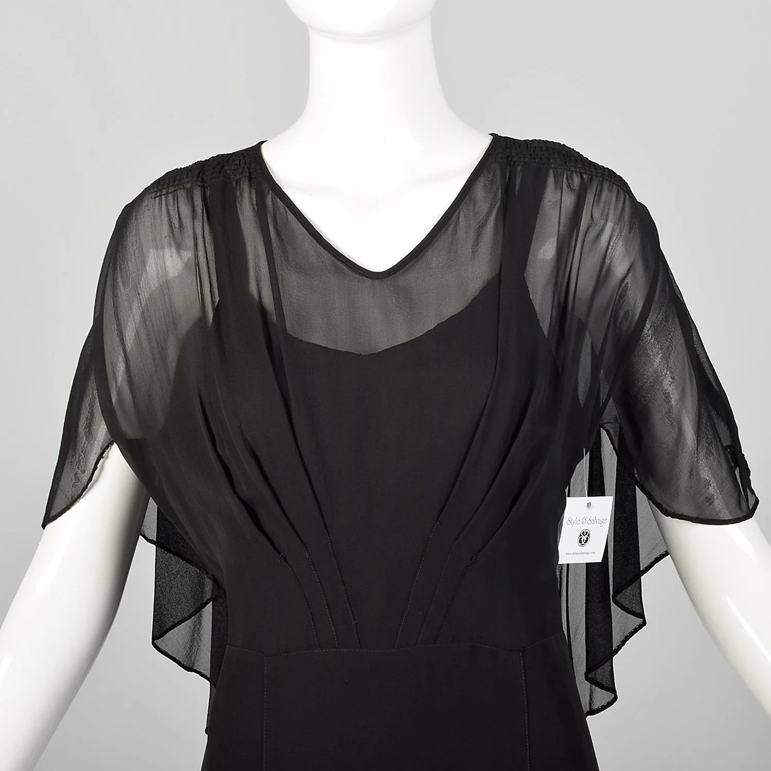 Large 1930s Little Black Dress 2pc Bias Cut Formal Evening Sheer Art Deco Ensemble