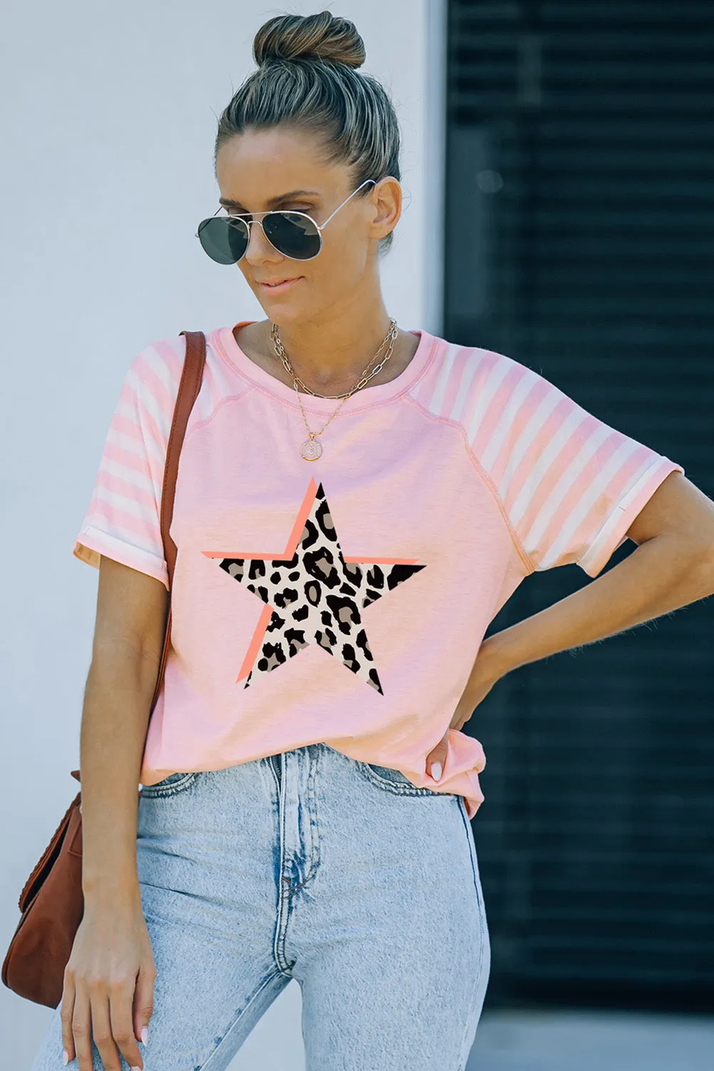 Light Blue Raglan Shirts With Printed Sleeves