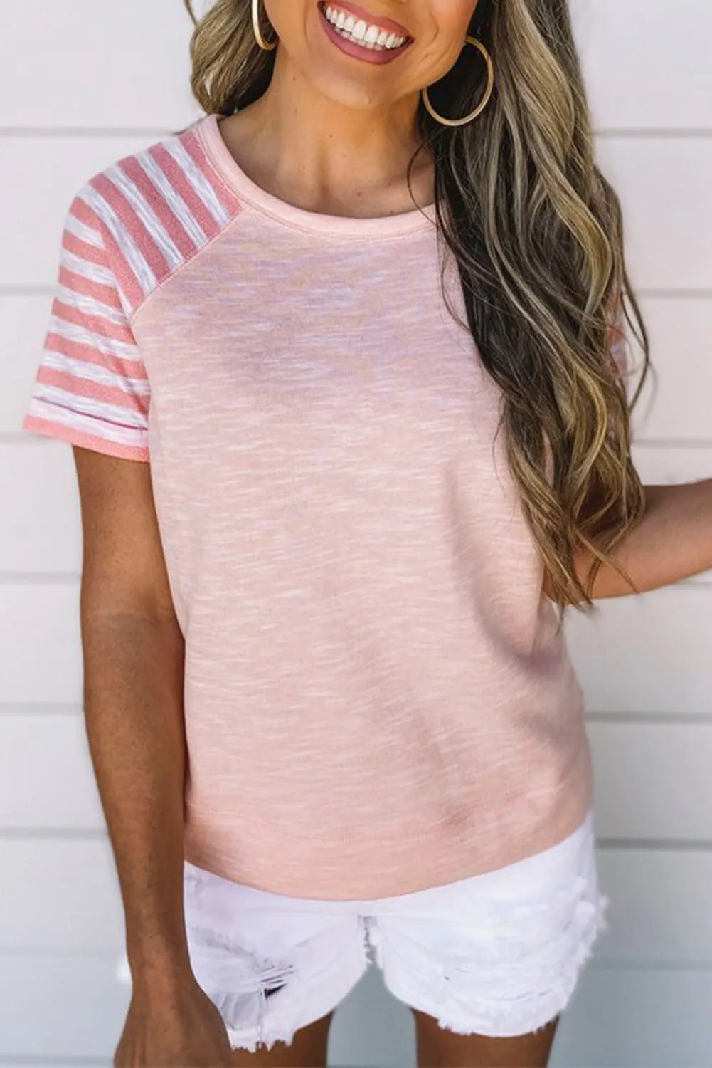 Light Blue Raglan Shirts With Printed Sleeves