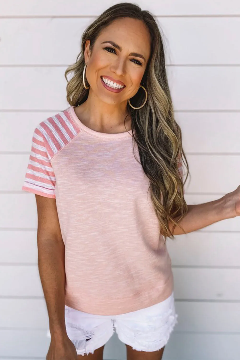 Light Blue Raglan Shirts With Printed Sleeves