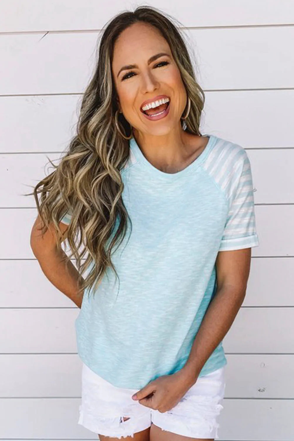 Light Blue Raglan Shirts With Printed Sleeves
