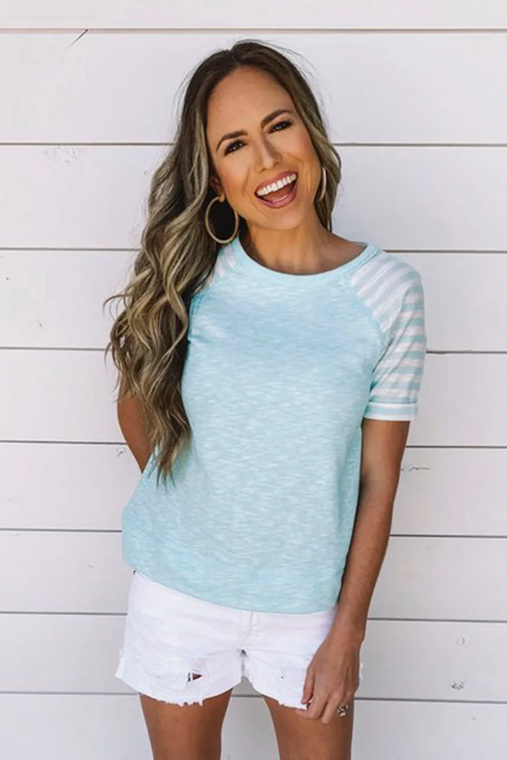 Light Blue Raglan Shirts With Printed Sleeves