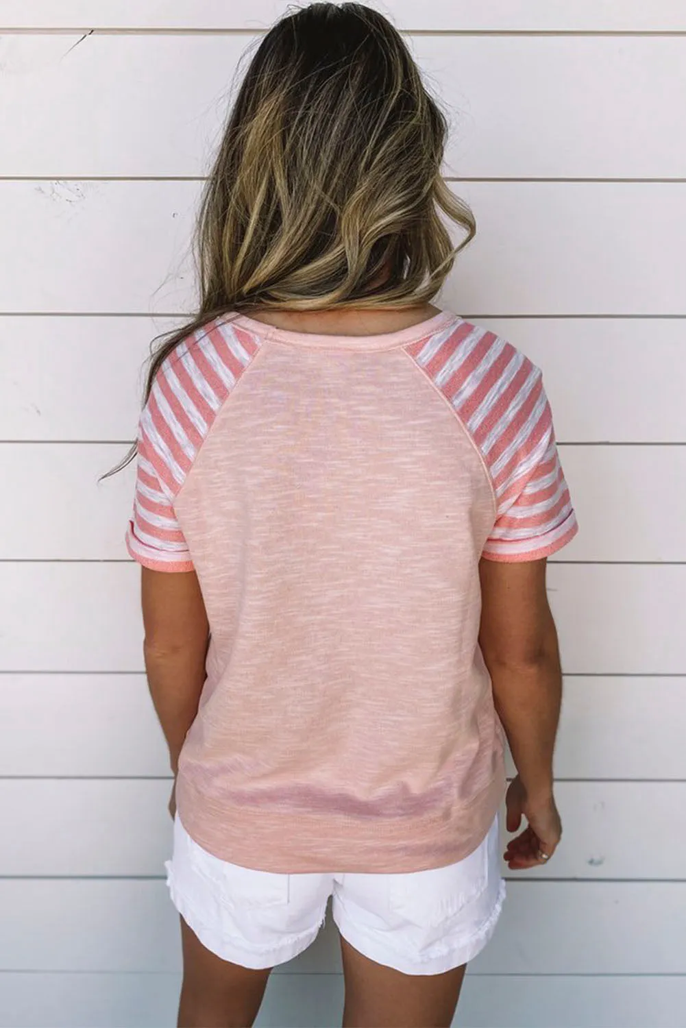 Light Blue Raglan Shirts With Printed Sleeves