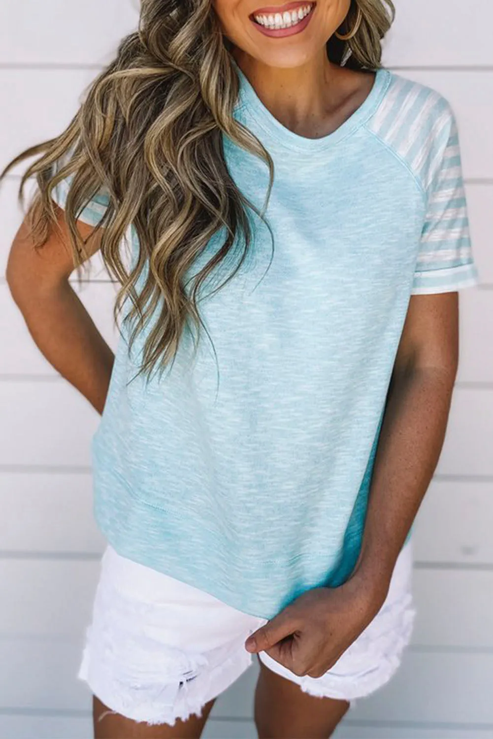 Light Blue Raglan Shirts With Printed Sleeves