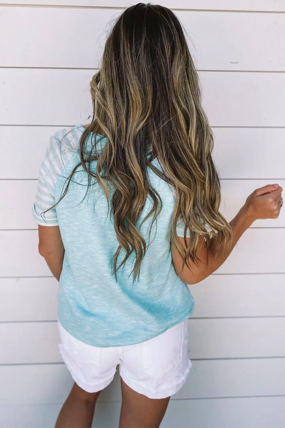 Light Blue Raglan Shirts With Printed Sleeves