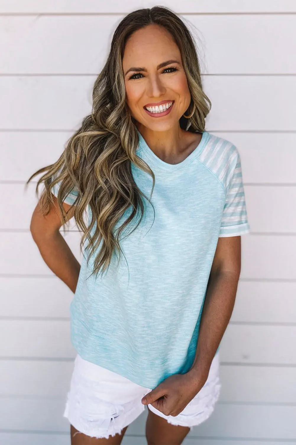Light Blue Raglan Shirts With Printed Sleeves