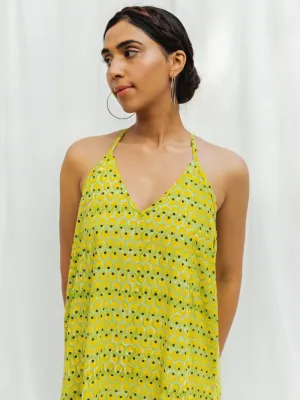 Lime Handblock Print Long Cotton Slip Dress