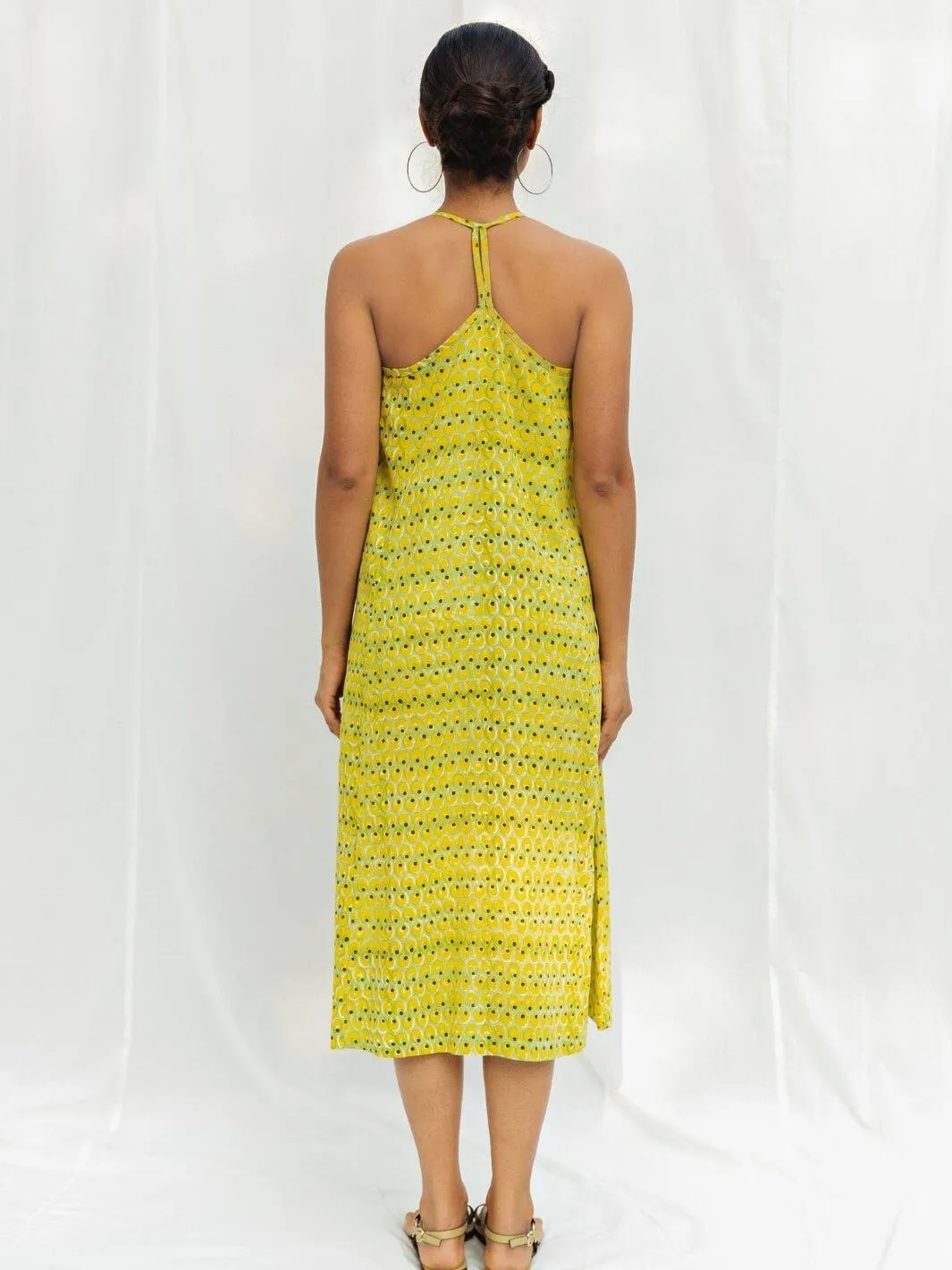 Lime Handblock Print Long Cotton Slip Dress