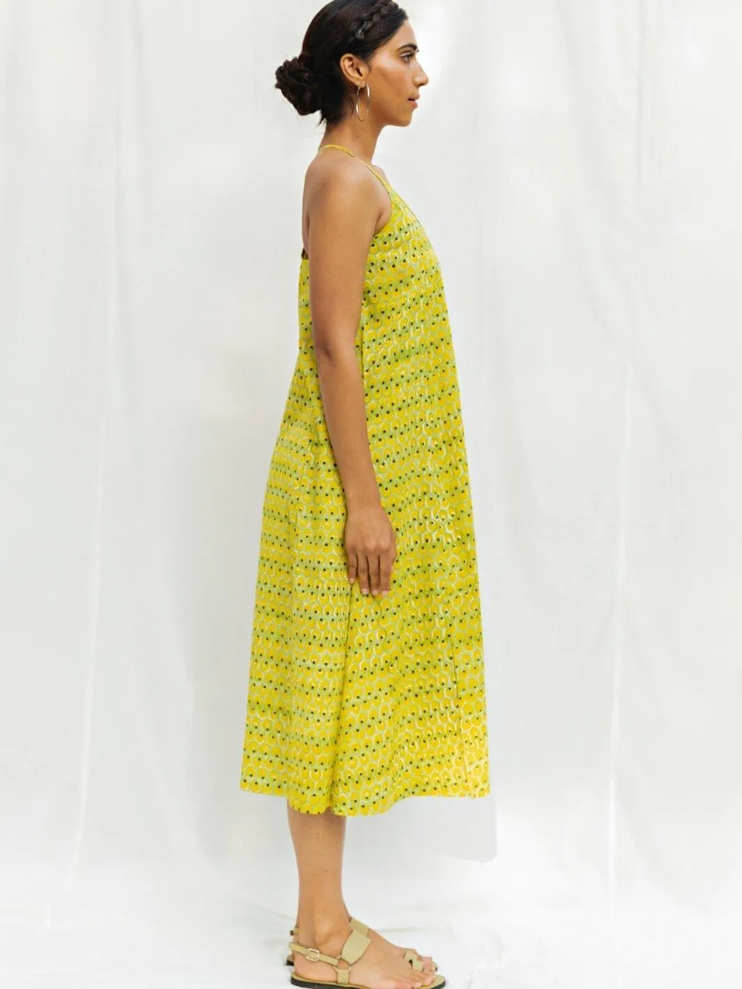 Lime Handblock Print Long Cotton Slip Dress