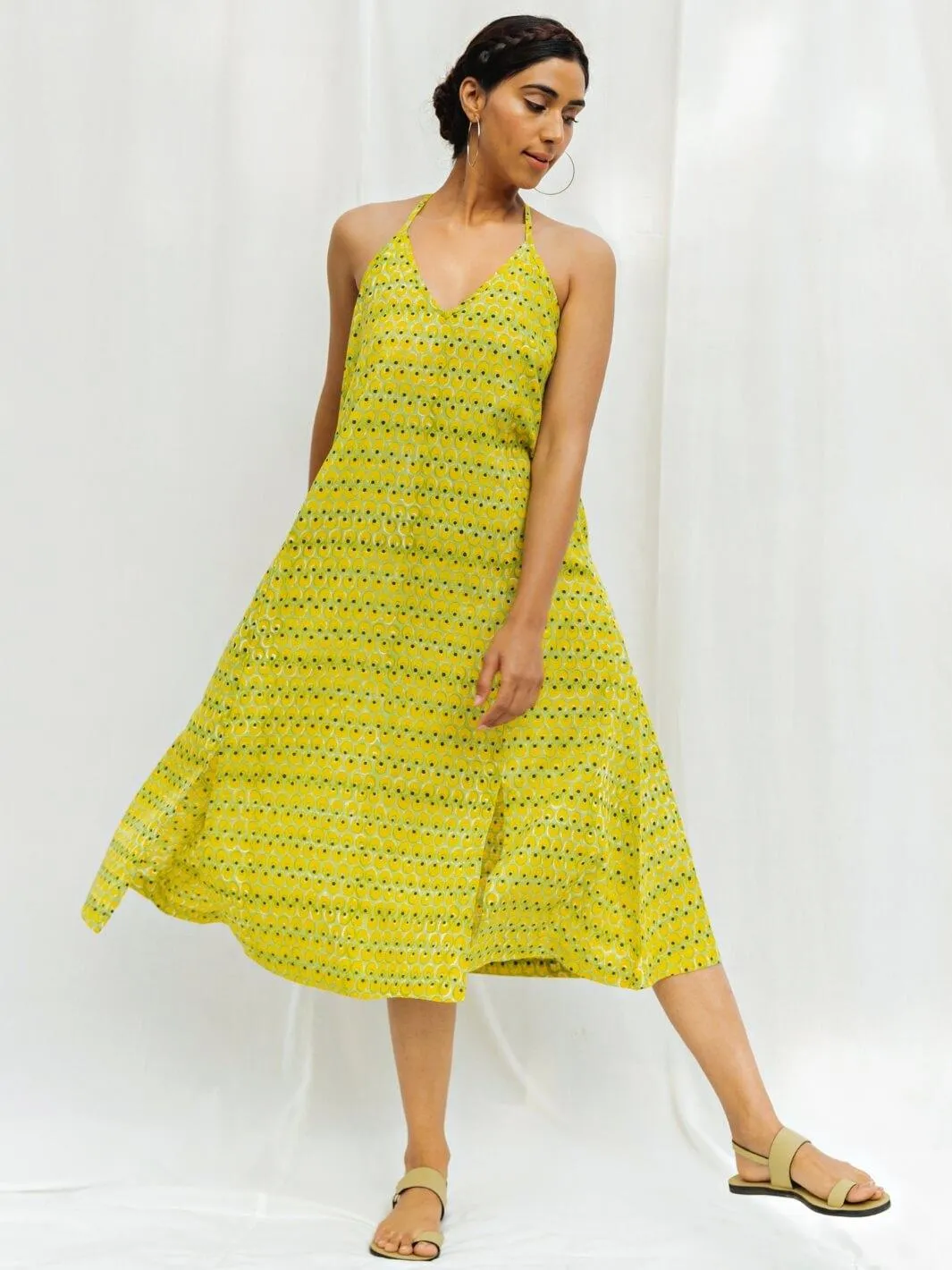 Lime Handblock Print Long Cotton Slip Dress