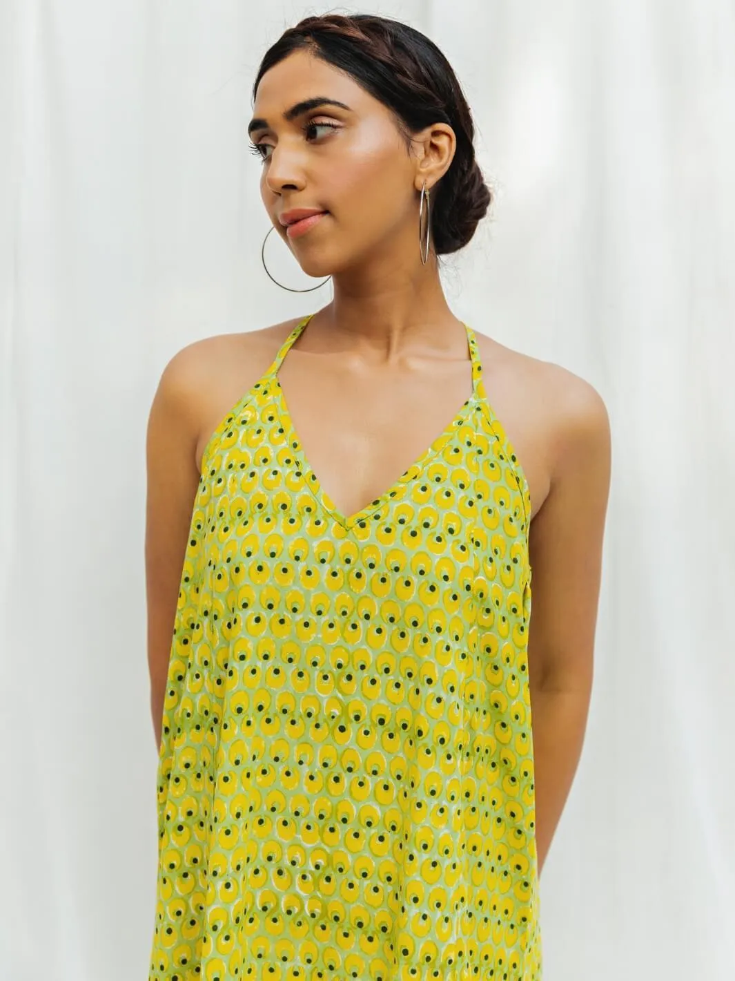 Lime Handblock Print Long Cotton Slip Dress