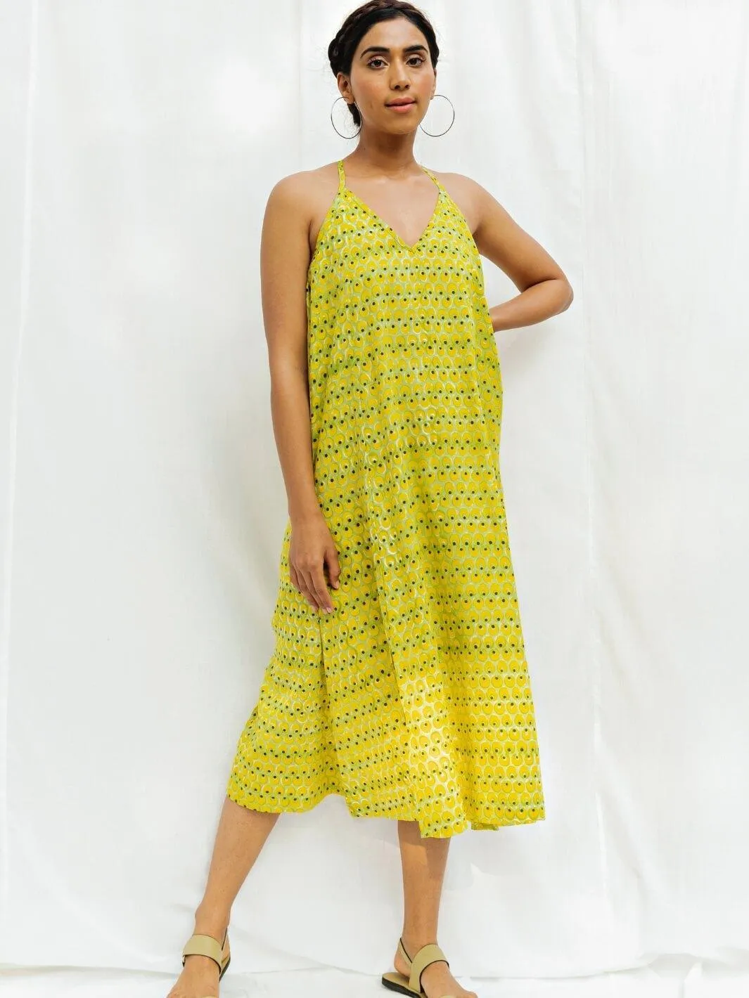 Lime Handblock Print Long Cotton Slip Dress