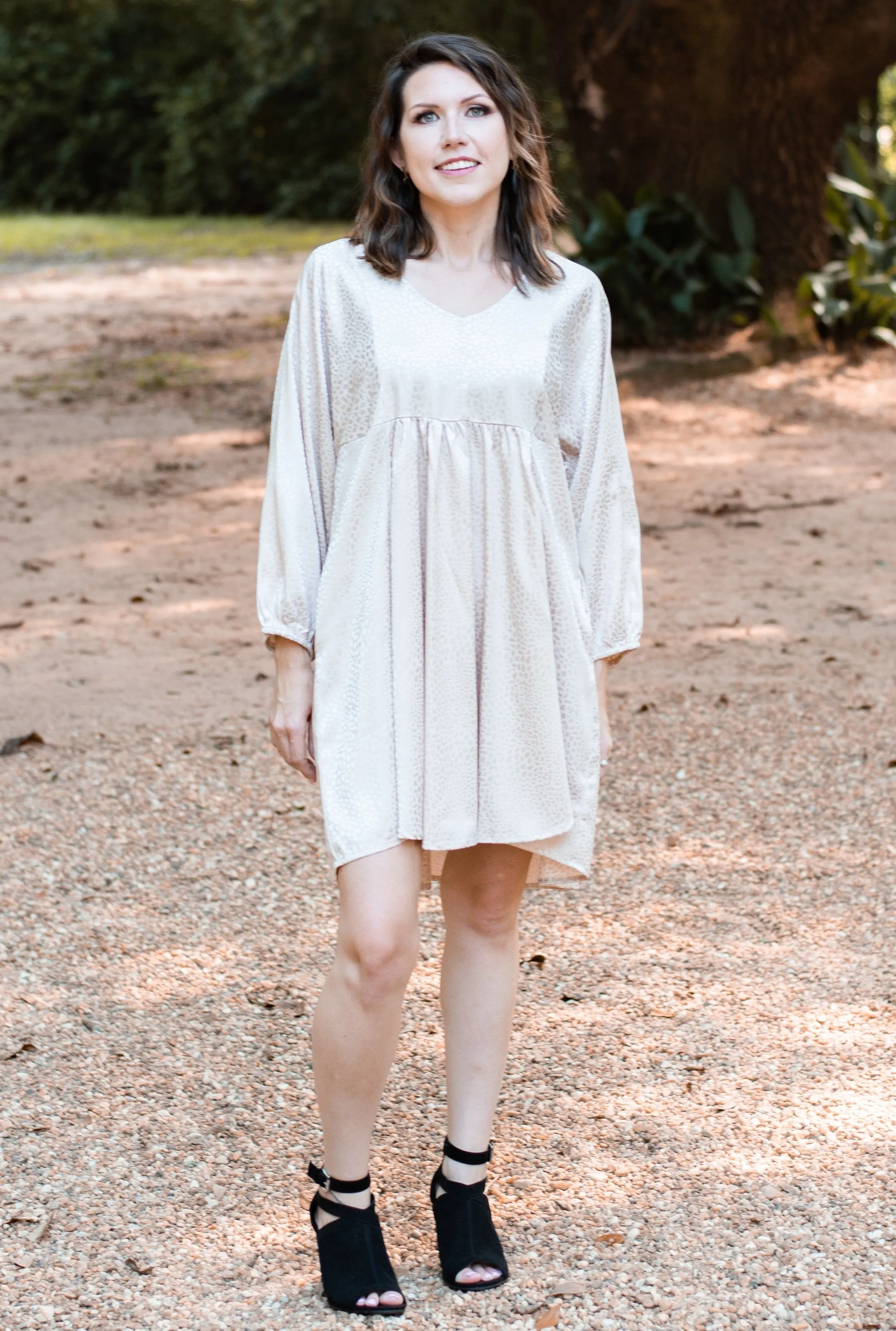 Long Sleeve Satin Animal Print Babydoll Dress by Umgee Clothing