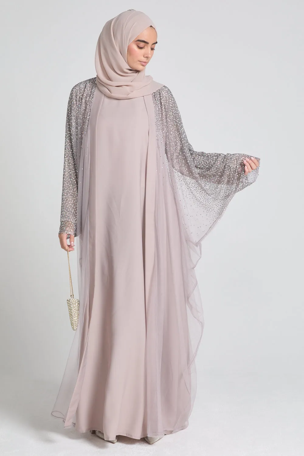 Luxury Three Piece Celestial Stardust Open Abaya Set - Powdered Rose